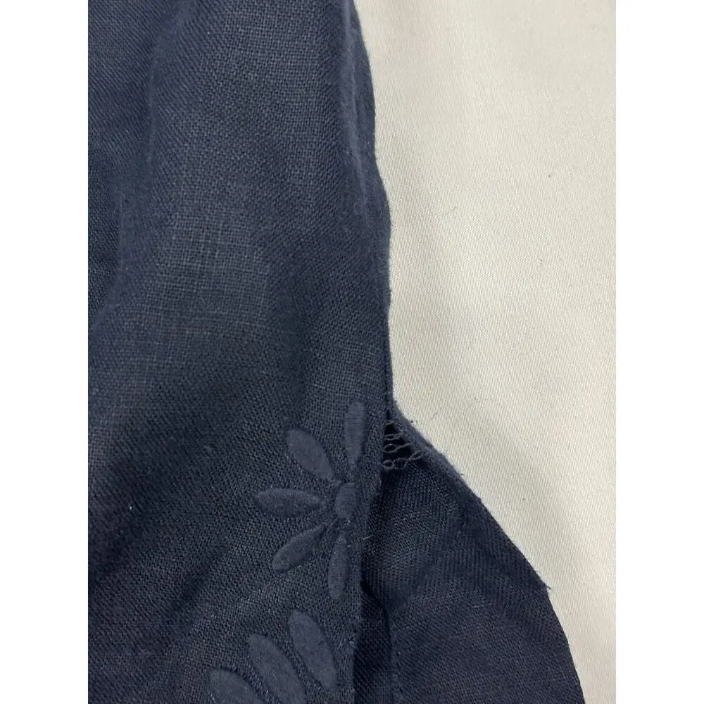 TORY BURCH Women’s Size 4 Navy Blue Linen Embroidered Tunic Boho Blouse L/S